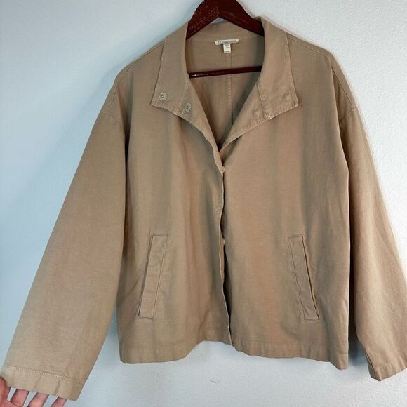 Eileen Fisher Organic Cotton / Hemp Khaki Tan Jacket Button Snap Front Pockets - Picture 4 of 10
